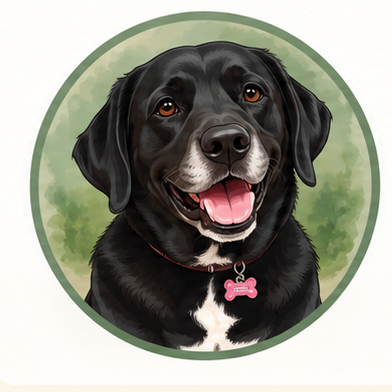 Illustrated portrait of Evee, a Black Lab